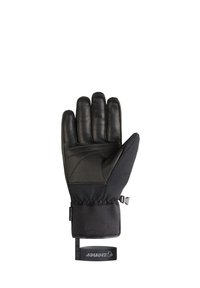 Black leather and fabric glove with a textured palm, adjustable wrist strap, and logo tag, featuring a fitted, ergonomic design.