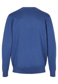 Blå stickad tröja med rund hals och långa ärmar. Har ribbade manschetter och nederkant. Slät textur med en enfärgad design.