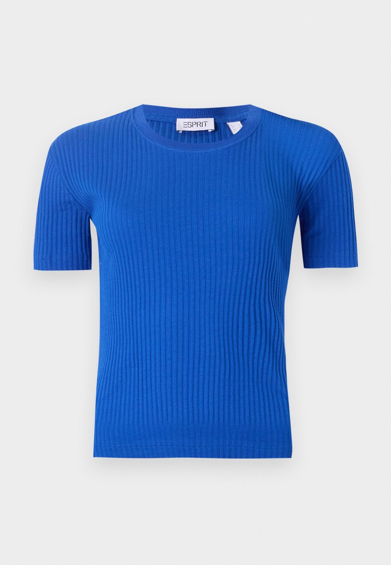 Niebieski, prążkowany sweter z krótkim rękawem i okrągłym dekoltem marki Esprit, wyłożony na płasko na białym tle.