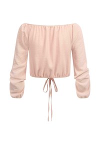 Blusa cropped off-shoulder in tessuto di colore rosa chiaro. Presenta un collo e maniche elasticizzati, con dettaglio a fiocco nella parte inferiore. Texture liscia.