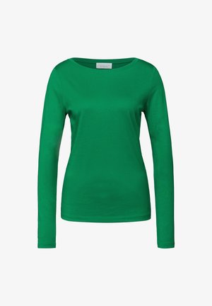 Grøn langærmet t-shirt lavet af blød bomuld, med en rund halsudskæring og en tætsiddende silhuet. Enkel design uden mønstre eller detaljer.