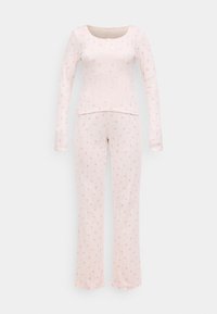 Ροζ ριχτό pajama set με μακριά μανίκια και παντελόνια ίσιου κόψιμου, διακοσμημένο με μικρά λουλούδια και στρογγυλή λαιμόκοψη. Υλικό από μείγμα βαμβακιού.