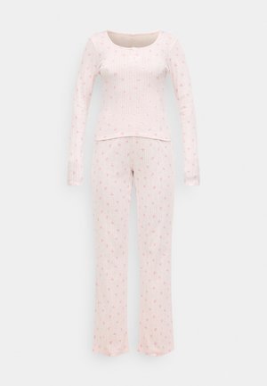 Hellrosa gestreiftes Schlafanzugset mit langen Ärmeln und geraden Hosenbeinen, das kleine Blumenmuster und einen Rundhalsausschnitt aufweist. Material aus Baumwollmischung.