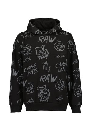 Sort hættetrøje med grå graffiti-stil tekst og tegninger inklusive "RAW," "CHASE LIMITS," smilende æbler og spraydåser.