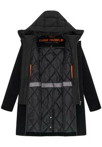 Fekete kabát steppelt bélésse, kapucnival, narancssárga részletekkel és ezüst színű patentokkal. A belső tér textúrázott és párnázott.
