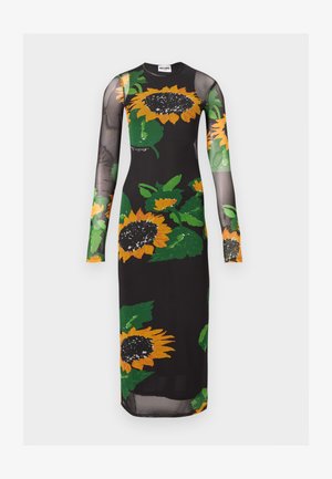 Vestido maxi negro de manga larga con grandes estampados de girasoles amarillos y verdes y mangas de malla transparente, silueta ajustada.