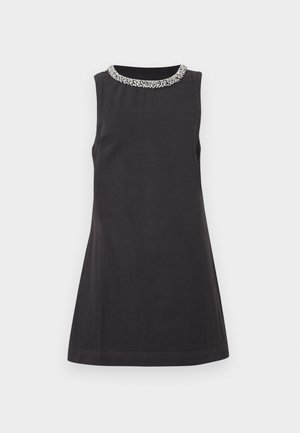 Black sleeveless dress with a rounded neckline, featuring a beaded embellishment at the collar and a flared a-line shape.