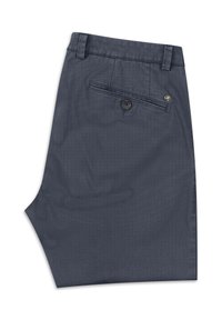 Pantalon de costume gris foncé plié, avec une poche arrière à bouton et des passants de ceinture à la taille.