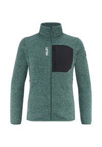 Green fleeced jacket with high collar, full zip, and black chest pocket. Features textured fabric and fitted cuffs.