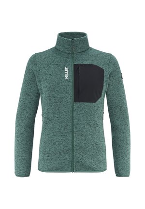 Grüne Fleecejacke mit hohem Kragen, durchgehendem Reißverschluss und schwarzer Brusttasche. Verfügt über einen strukturierten Stoff und enganliegende Bündchen.