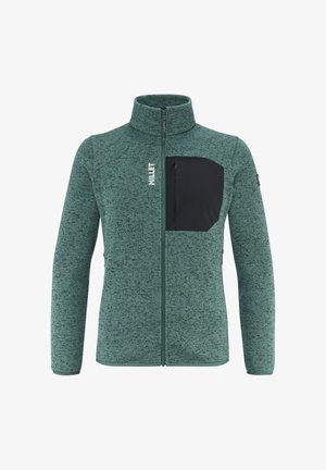 Grüne Fleecejacke mit hohem Kragen, durchgehendem Reißverschluss und schwarzer Brusttasche. Verfügt über einen strukturierten Stoff und enganliegende Bündchen.