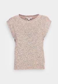 Strickpullover mit kurzen Ärmeln aus mehrfarbiger Wolle mit orangefarbenen, blauen und cremigen Sprenkeln. Runder Halsauschnitt mit lockerer Passform und minimalen Nähten.