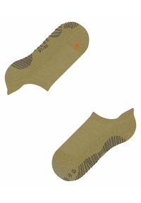 Khaki skarpetki niskie z teksturowanym, ciemnoszarym wzorem gumowego gripu na podeszwach oraz kontrastowym pomarańczowym detalem logo.