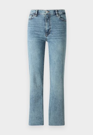 Light blue denim jeans with a straight leg design, high waist, and subtle whiskering. Features classic five-pocket styling and metal hardware.