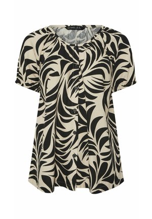 Kurzärmlige Bluse mit Knopfleiste, schwarzem abstraktem Blattmuster auf beigem Hintergrund, ausgestattet mit gerafftem Halsausschnitt und elastischen Ärmelsäumen.