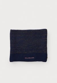 Marineblå strikket hue med ribbet tekstur, der har fine multikolorerede metaltråde og et pink "BILLIEBLUSH" label.