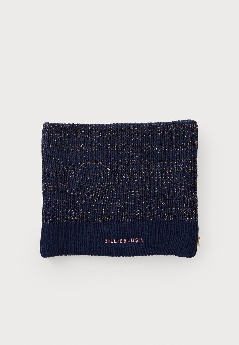 Marineblå strikket hue med ribbet tekstur, der har fine multikolorerede metaltråde og et pink "BILLIEBLUSH" label.