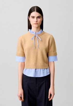 Joven mujer con cabello lacio y oscuro que lleva un suéter beige de manga corta sobre una blusa azul a rayas y pantalones negros, de pie contra un fondo liso.