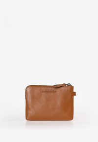 Brown leather zip pouch with a smooth texture, rounded edges, and a small loop for attachment. Features embossed logo on the front.