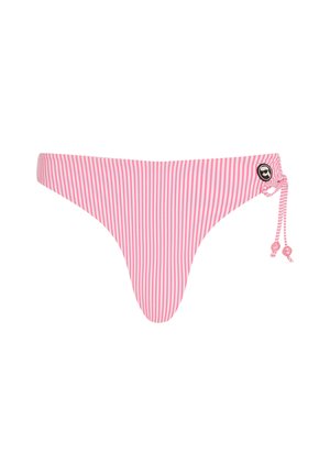 Ružičasti bikini donji dio s trakama i vezanjem sa strane, s malim logom. Tkanina je glatka s prilagođenim, minimalističkim dizajnom.