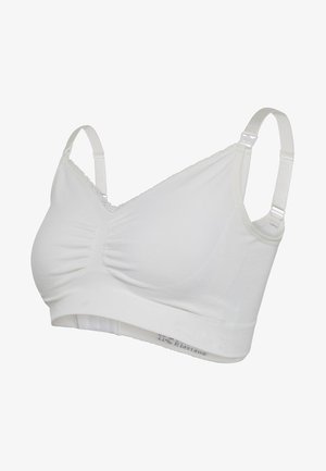 Sostén blanco de copa suave con tirantes ajustables, banda inferior texturizada, detalle fruncido en la parte delantera, hecho de una mezcla de algodón y elastano.