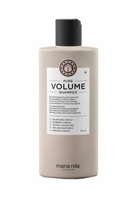 Pure Volume shampoofles in matte beige, met een zwarte dop. Het label aan de voorkant bevat de productnaam, details in zwarte tekst en roze accenten. 350 ml.
