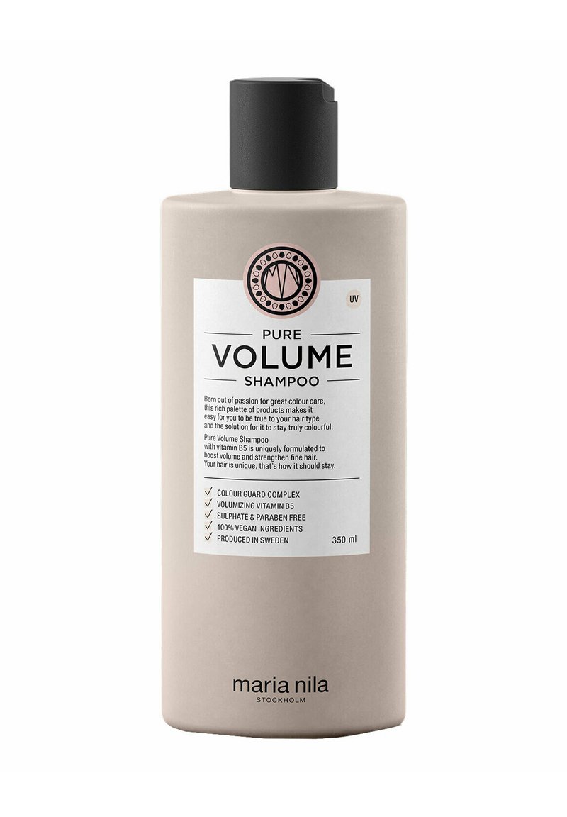 Pure Volume shampoofles in matte beige, met een zwarte dop. Het label aan de voorkant bevat de productnaam, details in zwarte tekst en roze accenten. 350 ml.