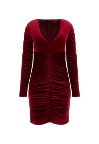 Vestido de terciopelo rojo con mangas largas, escote en V y detalles drapeados en la parte delantera y trasera, terminado con una cremallera discreta en la parte posterior.