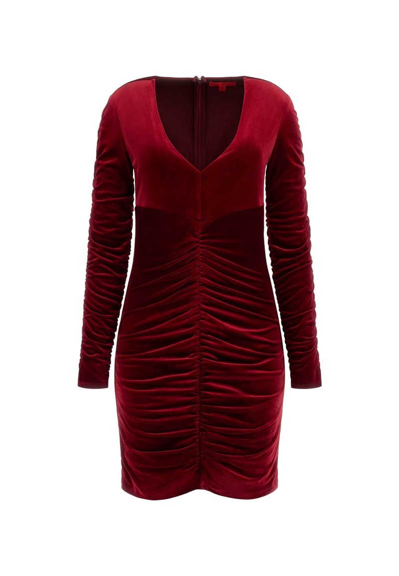 strapless open back dress Quinn Long Velvet Gown In Ruby-Red – Rhea Costa main image 1