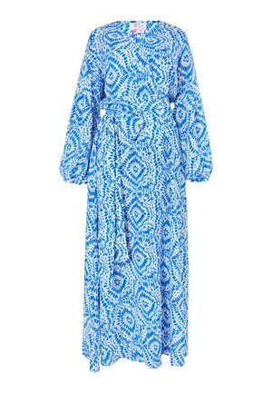 Blue and white patterned maxi dress with long puff sleeves, a tie waist, and a deep V-neckline, featuring a floral-like design throughout.