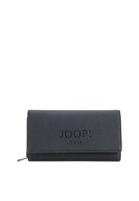 Portafoglio in pelle nera con superficie texturizzata, dotato di logo impresso "JOOP! JEANS!". Sezione con zip sul lato. Forma compatta e rettangolare.