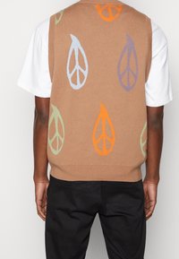 Braune Strickweste mit mehrfarbigen Peace-Zeichen-Blattmustern in Orange, Hellblau, Grün und Lila. Trägt man über einem weißen T-Shirt.