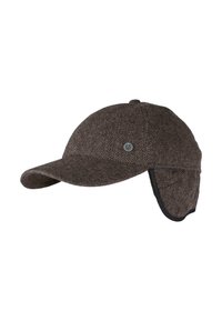 Brown herringbone wool cap with a curved brim and ear flaps. Features a round logo on the side and a textured fabric finish.