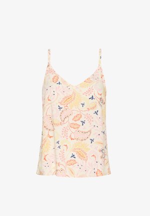 Let let, ærmeløs cami i lys gul med blomstermønstre i pink, orange og blå. Har en V-udskæring og tynde skulderstropper.