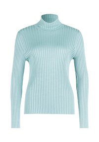 Light blue ribbed turtleneck sweater, featuring long sleeves, a fitted design, and a smooth, stretchy texture.