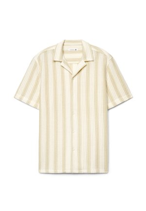 Maglia beige a maniche corte con motivo a righe verticali chiare, colletto aperto e bottoni sul davanti, taglia XL.