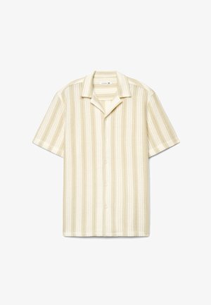 Maglia beige a maniche corte con motivo a righe verticali chiare, colletto aperto e bottoni sul davanti, taglia XL.