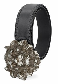 Ceinture en cuir noir avec une texture tressée et une boucle en forme de tête de lion argentée, mettant en valeur des détails élaborés et un design en relief sur la crinière du lion.