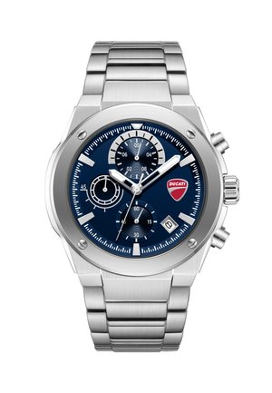 Montre chronographe Ducati en acier inoxydable argenté avec cadran bleu, trois sous-cadrans, guichet date et deux boutons-poussoirs sur le côté.