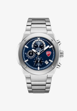 Orologio cronografo Ducati in acciaio inossidabile argento con quadrante blu, tre subquadranti, finestra per la data e due pulsanti laterali.