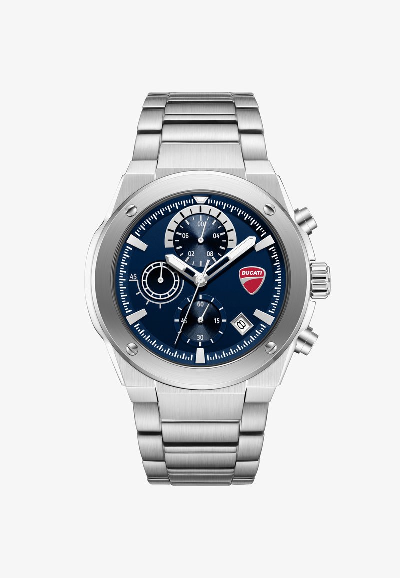 Montre chronographe Ducati en acier inoxydable argenté avec cadran bleu, trois sous-cadrans, guichet date et deux boutons-poussoirs sur le côté.
