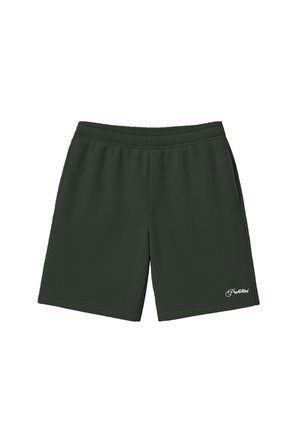 Shorts taille élastique vert foncé avec poches latérales et petit texte blanc « Interdit » sur la partie inférieure de la jambe gauche.