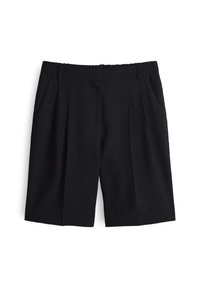 Pantaloni corti neri realizzati in tessuto leggero, con vita alta, pieghe frontali e tasche laterali. Texture liscia con cintura elastica.