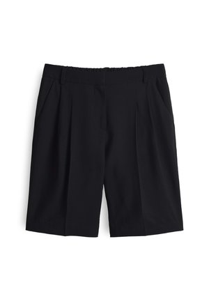 Black shorts made from lightweight fabric, featuring a high waist, front pleats, and side pockets. Smooth texture with elastic waistband.
