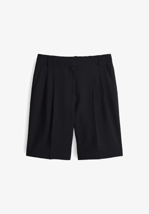 Schwarze Shorts aus leichtem Stoff, mit hoher Taille, vorderen Falten und seitlichen Taschen. Glatte Textur mit elastischem Bund.