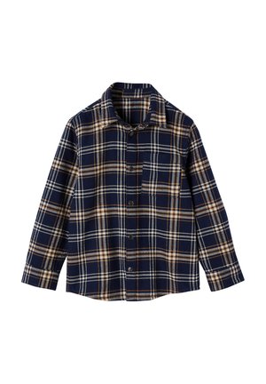 Marineblau kariertes Hemd mit Knöpfen, weißen und braunen Streifen, langen Ärmeln und einem Standardkragen, präsentiert vor weißem Hintergrund.