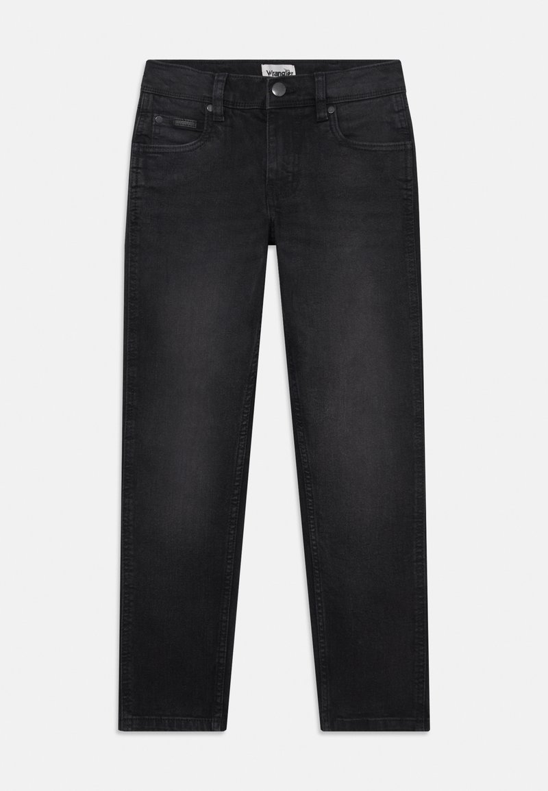 Fekete farmernadrág egyenes szabással, öt zsebbel, fém gombbal és eltérő színű varrással a varratok mentén.