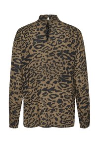 Langærmet skjorte med leopardprint i tan og sort, med høj hals og nøglehulbagdetalje med to knapper ved halsen.