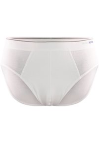 Hvide bomuldsunderbukser med en blød elastikmidte og grå striber samt logo. Glat tekstur, klassisk design og fuld dækning.