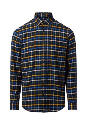 Herenplaid overhemd met een blauw, geel en groen ruitpatroon. Gemaakt van stof met een zachte textuur; knoopsluiting met een kraag.